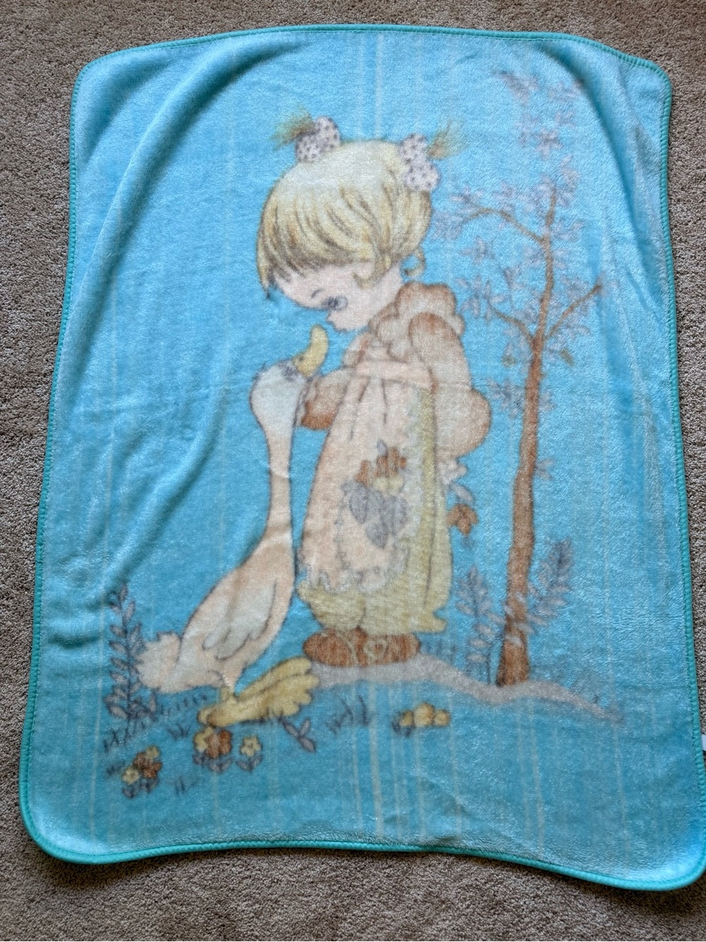Vintage Precious Moments Girl and Goose Blue Plush Baby Blanket - Picture 3 of 3